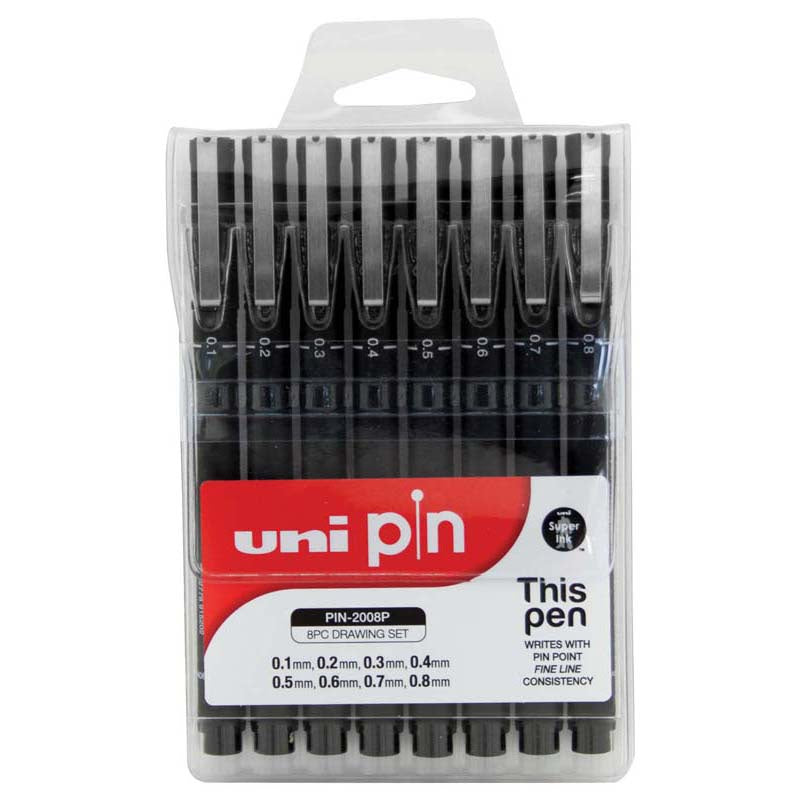 Uni Pin Fineline Permanent Pen Set 8Pce