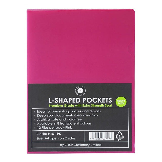 L Shaped Pockets A4 12 Pack Pink