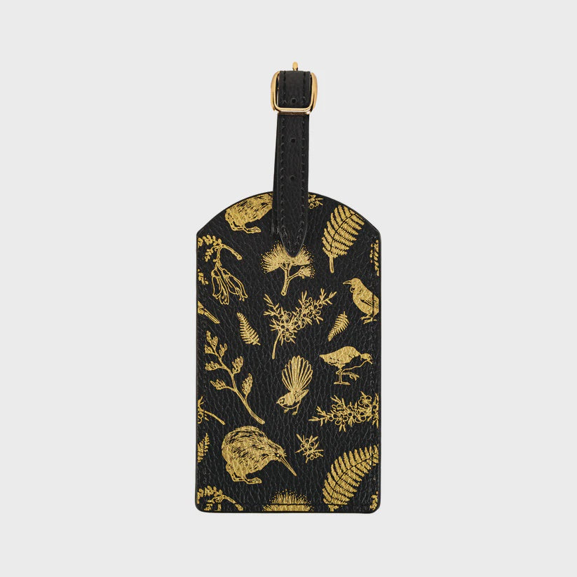 LUGGAGE TAG PU BLACK AND GOLD BIRDS