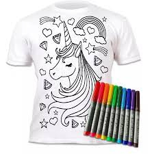 Colour-in Unicorn Stars T-Shirt with 10 Non-Toxic Washable Magic Pens - Colour-in and Wash Out T-Shirt - White