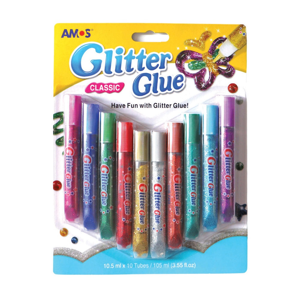 Amos Glitter Glue Assorted Colours 10 Pce 10 x 10.5ml