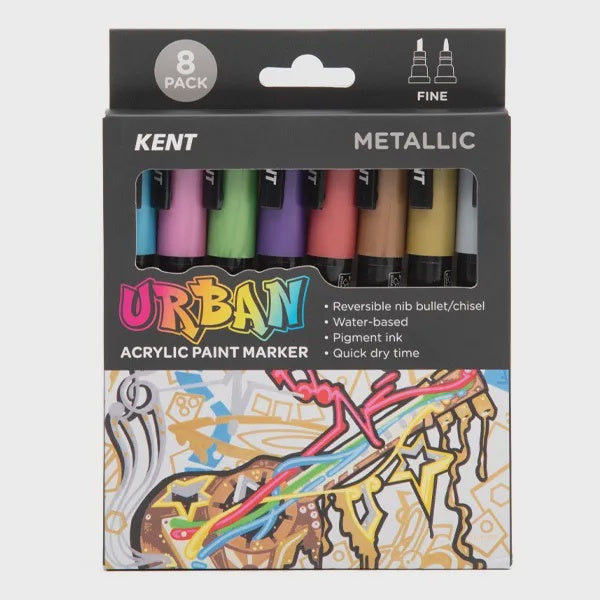 Kent Urban Acrylic Paint Markers 3mm nib Metallic 8 Pce