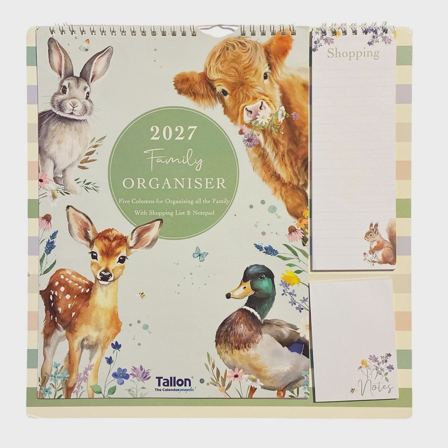 2027 Family Calendar 5 Column Organiser with Shopping List and Note Pad Animals