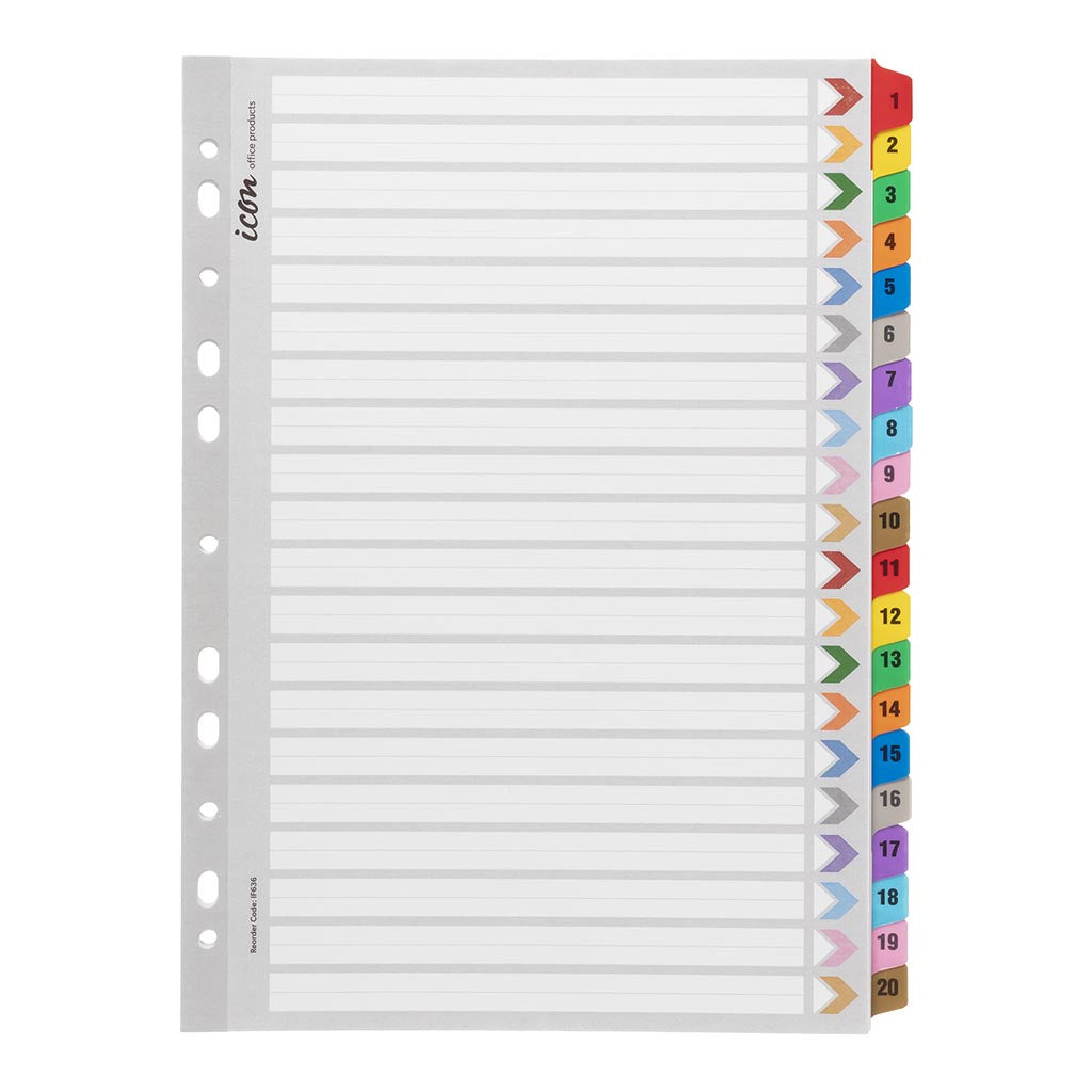 Icon Cardboard Indices with Reinforced  Tabs 1-20 Coloured