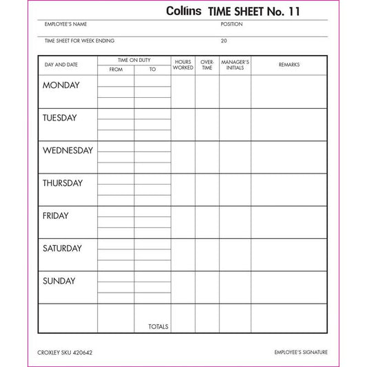 Collins Wage Time Sheets No 11