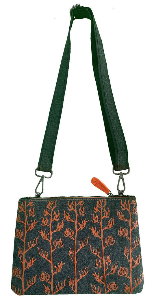 Jo Luping Design - Orange Harakeke On Grey - Ecofelt Cross Body Bag