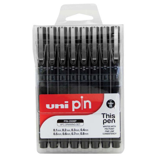 Uni Pin Fineline Permanent  Pen Set 8Pce