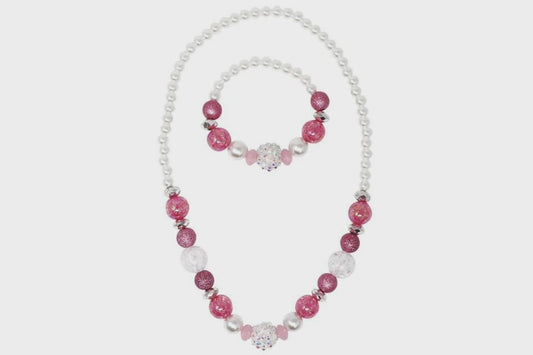 PP Sparkly Pink and Pearl Beaded Necklace and Bracelet Set