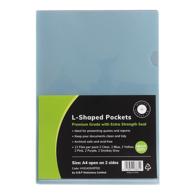 L Shaped Pockets asst Col A4 12 Pack