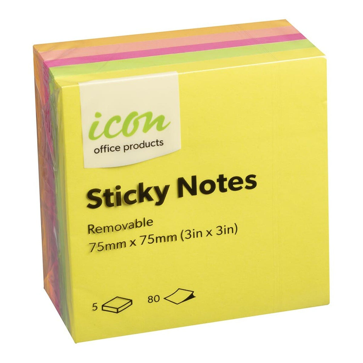 Icon Sticky Notes 75Mmx75Mm Neon 5 Pce