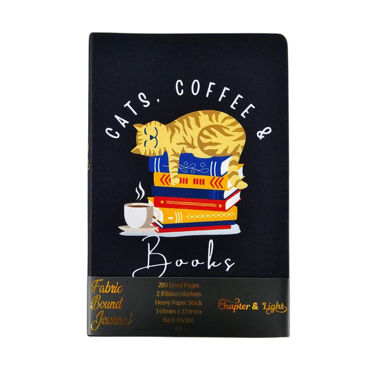Journal Fabric Bound Lined - Cats, Coffee & Books