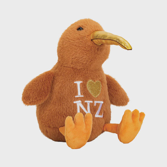 Kiwi Toy Sitting With Gold Beak & I Heart NZ 23cm