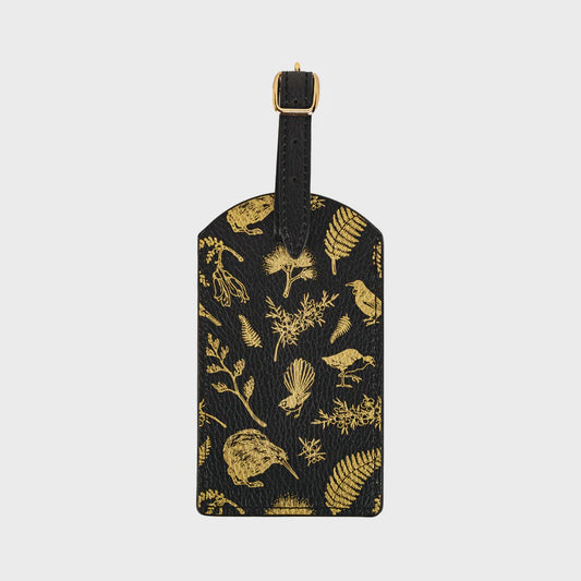 LUGGAGE TAG PU BLACK AND GOLD BIRDS