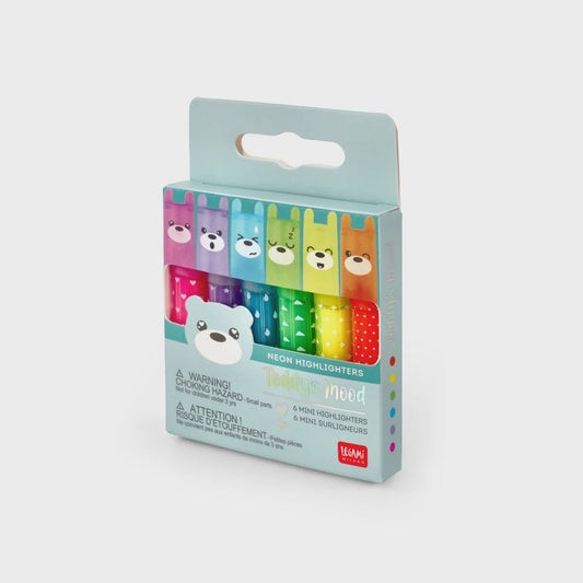 Legami Set of 6 Mini Highlighters - Teddy's Mood - Teddy Bear
