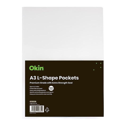 Okin L Shaped Pockets Heavy Duty A3 Clear 6 Pack