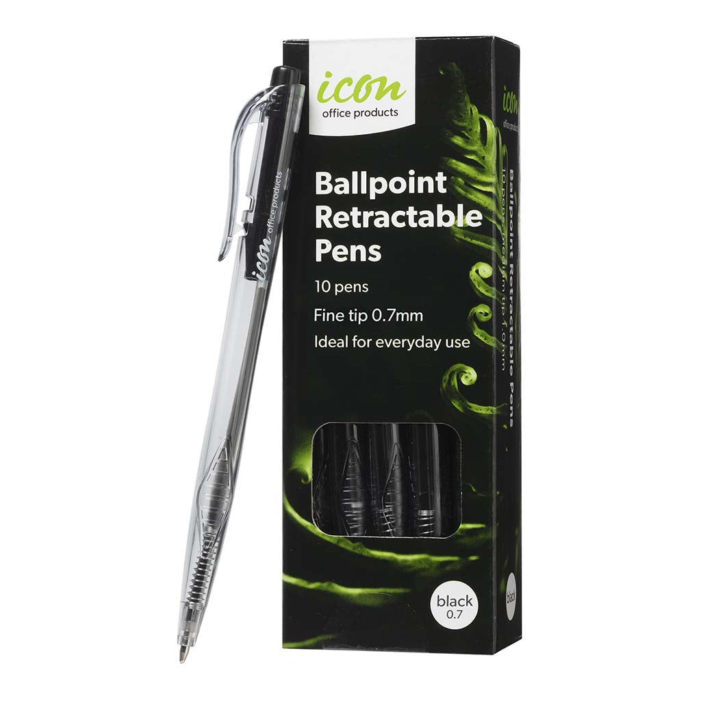 Icon  Ballpoint Retractable Pens Fine- Black  10 pack
